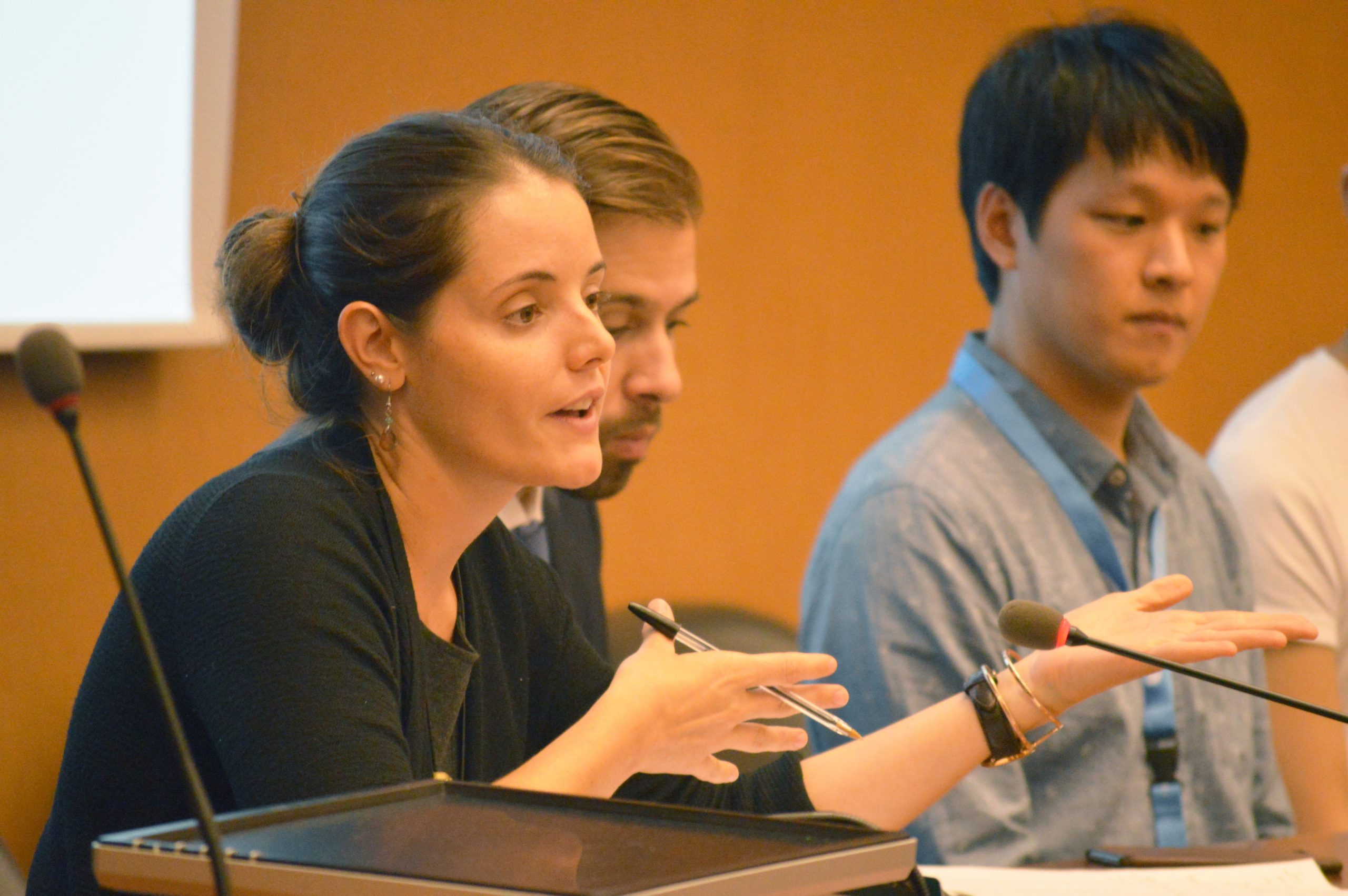 Former ISHR staff Sarah Brooks speaks at a panel about hazardous waste.